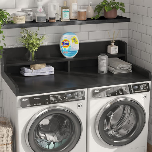 2-Tier Washer Dryer Countertop with 2.75" H Edge Rails, 58" W x 28" D Laundry Countertop for Folding Clothes, Washer and Dryer Topper with Non-Slip Pad (Black)