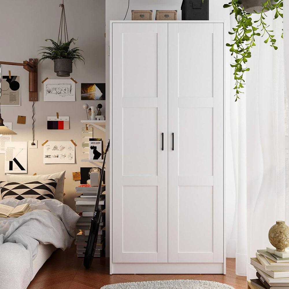 Fddevelop Fenghua Lizhi Wood White Wardrobe Closet with 2 Doors，Bedroom Frees...