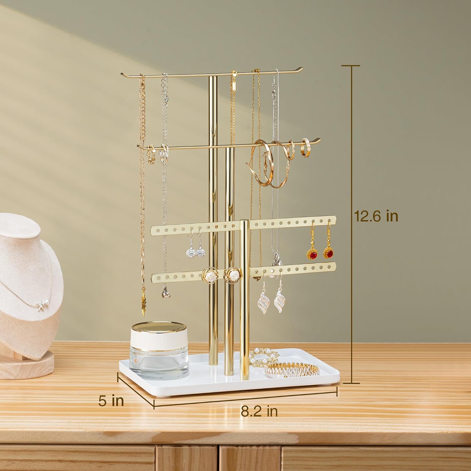 pickpiff Jewelry Stand Organizer Necklace Holder- 12.5" Sturdy Earring and Bracelet Hanger, Mirrored Gold, Aesthetic Room Decor
