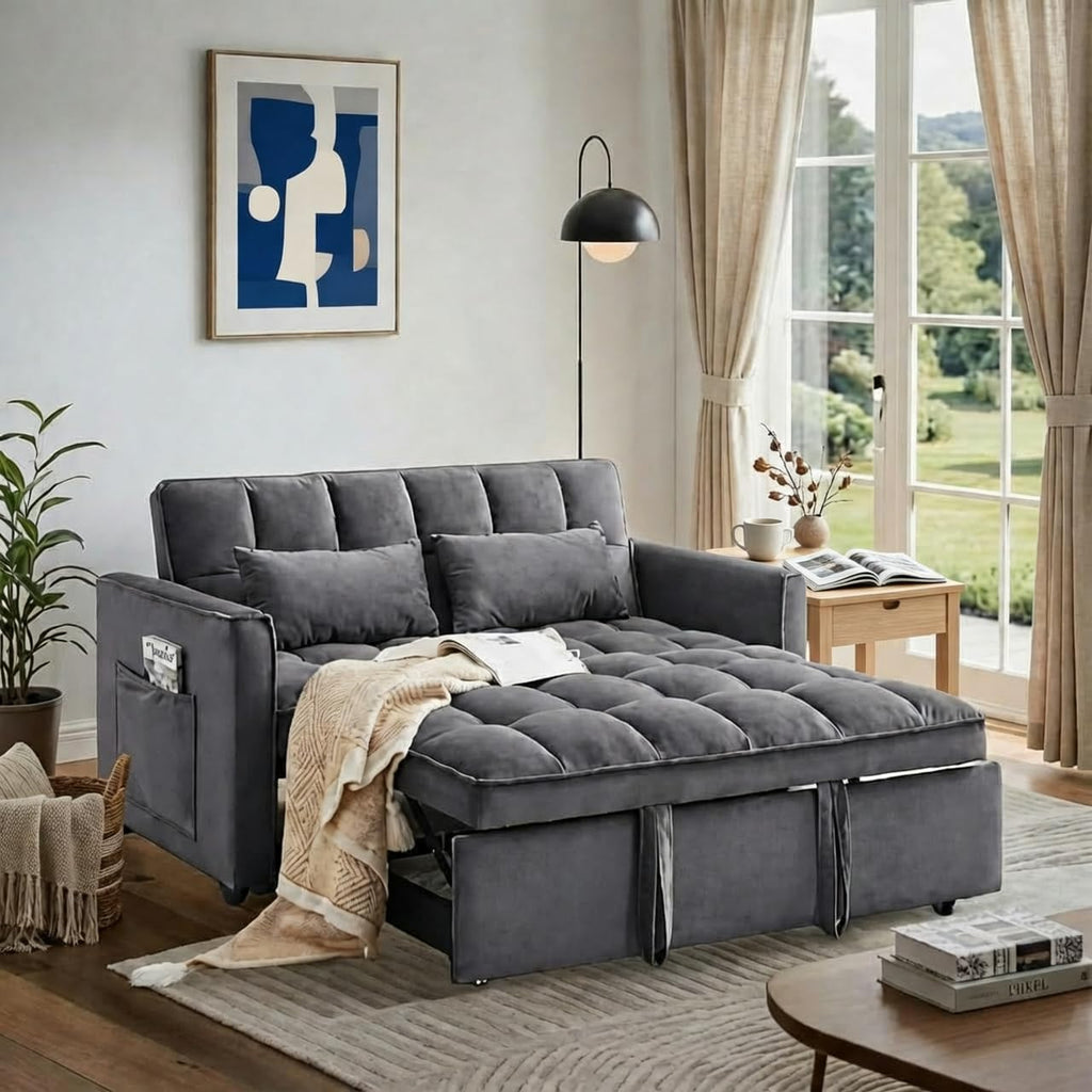 3 in 1 Convertible Sofa Bed, Love Seat Sleeper Bed with Side Pockets, Velvet Fabric Pull Out Couch with Adjustable Backrest for Living Room, Bedroom, Gray Apartment, Gray