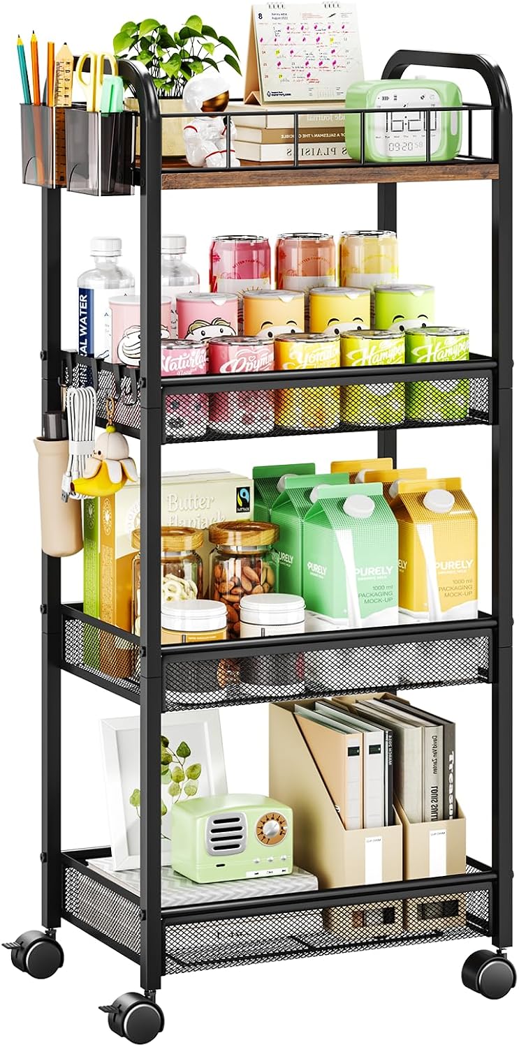HapiRm 4 Tier Metal Rolling Cart- Utility Storage Cart with Locking Wheels | ...
