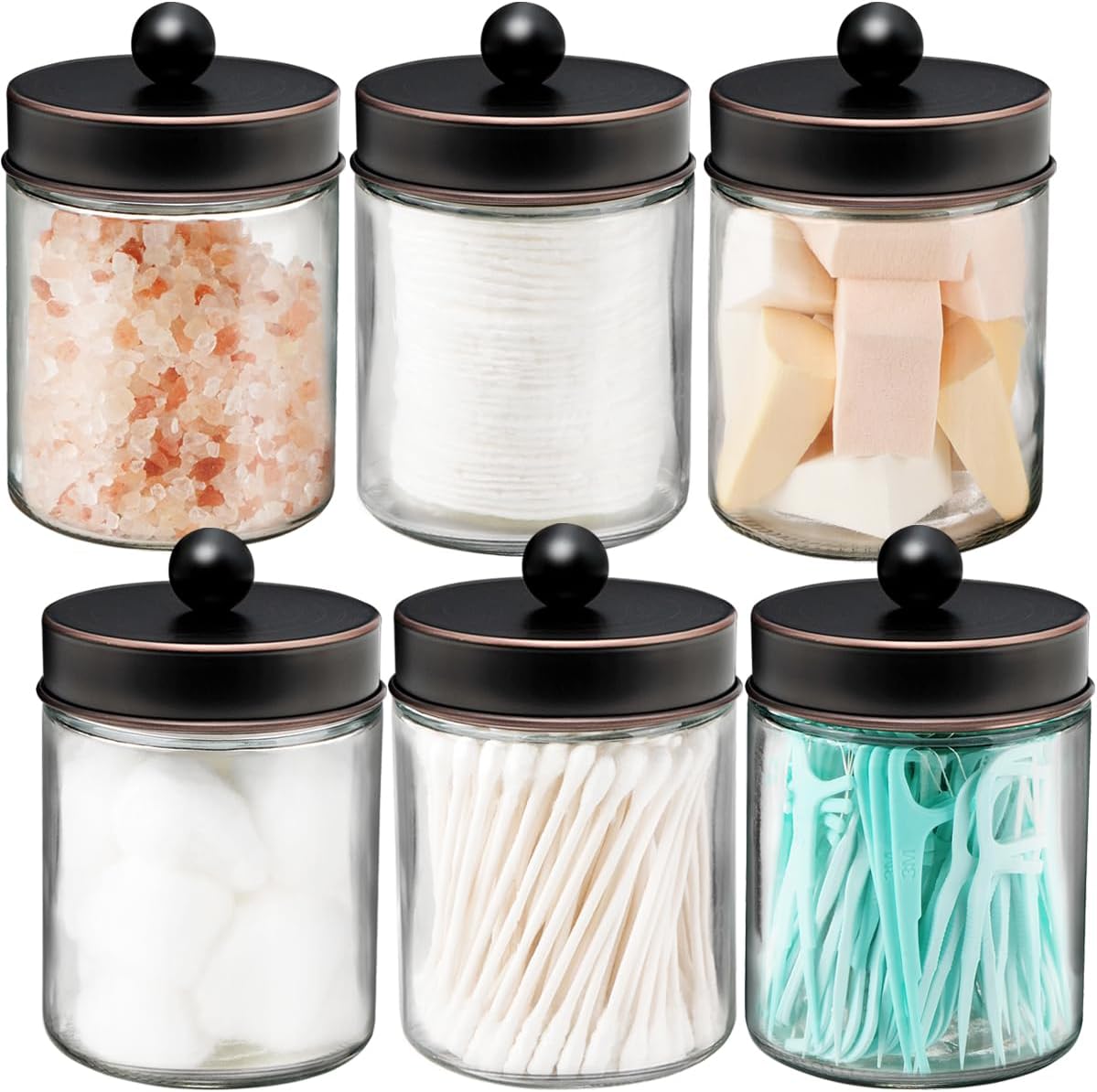 Amolliar 6 Pack Apothecary Jars Bathroom Vanity Organizer- Rustic Farmhouse Decor Storage Canister with Stainless Steel Lids- Qtip Dispenser Holder for Q-Tips,Cotton Swabs,Rounds,Ball,Flossers