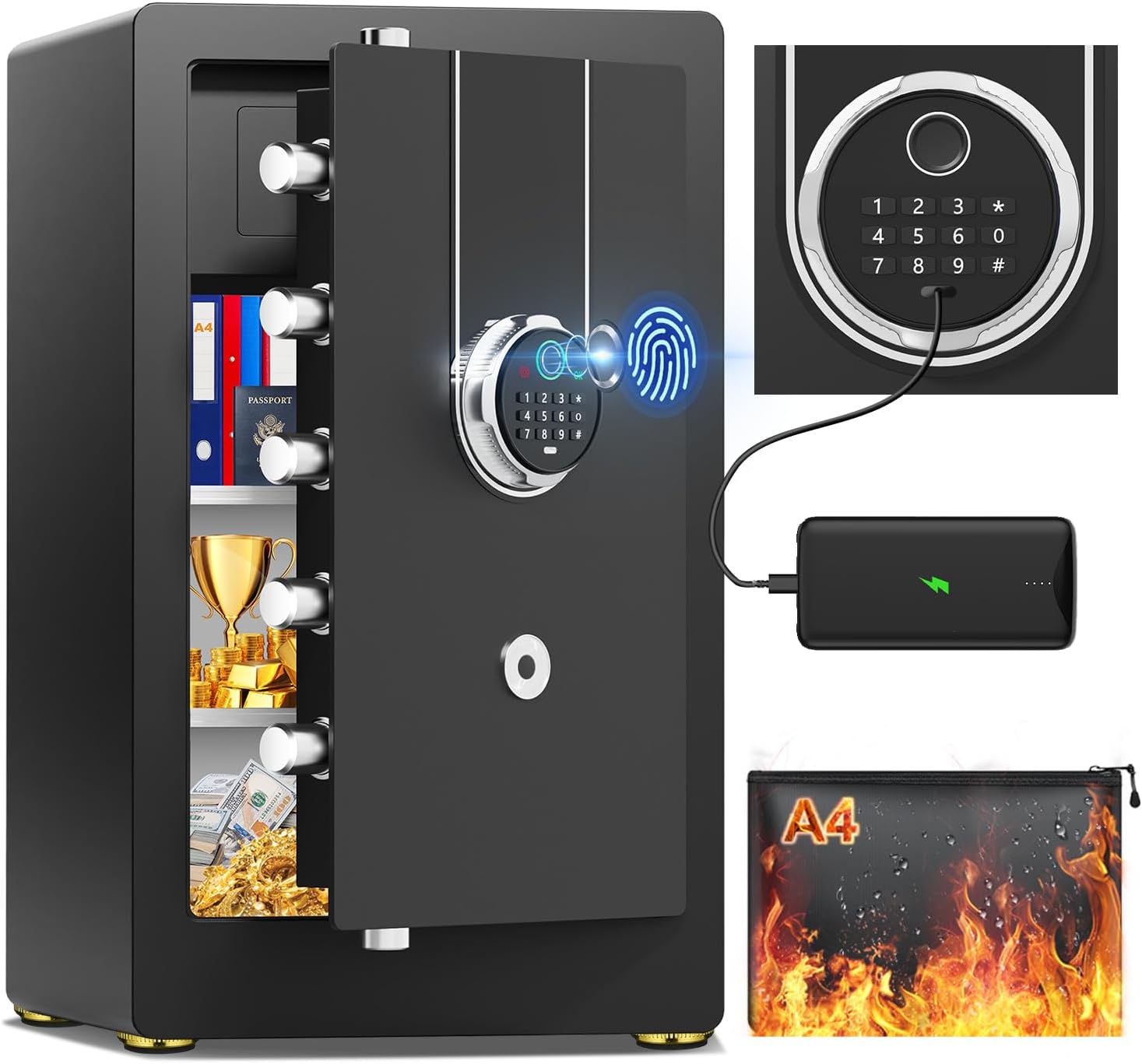 8.1 Cuft Heavy Duty Biometric Safe Box with Fireproof Waterproof Bag, 31.49'' H Large Document Storage with Bottom Hidden Compartment, Anti-Theft Dual Alerts, Mute Mode, Digital Security for Business