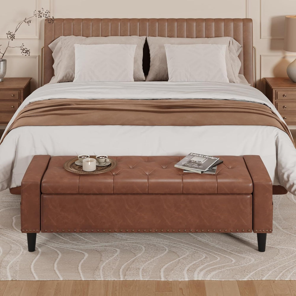 60" Storage Ottoman Bench, Faux Leather Upholstered Bed Bench, Brown | B...