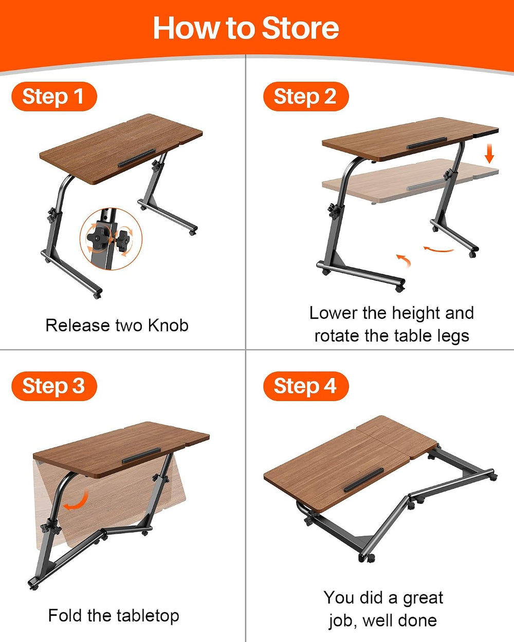 TV Tray Table with Wheels, Height Adjustable Folding Laptop Desk for Sofa | T...