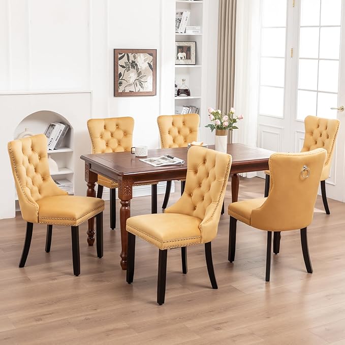 Velvet Dining Chairs Set of 6,Upholstered Dining Chairs with Ring Pull Trim and Button Back,Modern Seating for Kitchen, Bedroom & Living Room(Gold)