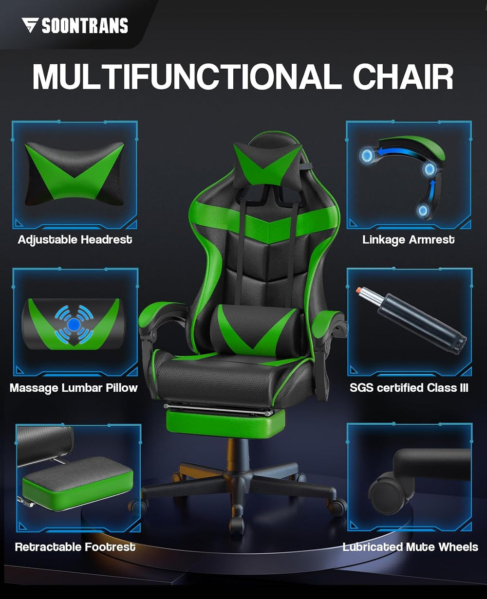 Soontrans Green Gaming Chair with Footrest,Racing Gaming Chair,Computer Gamer...