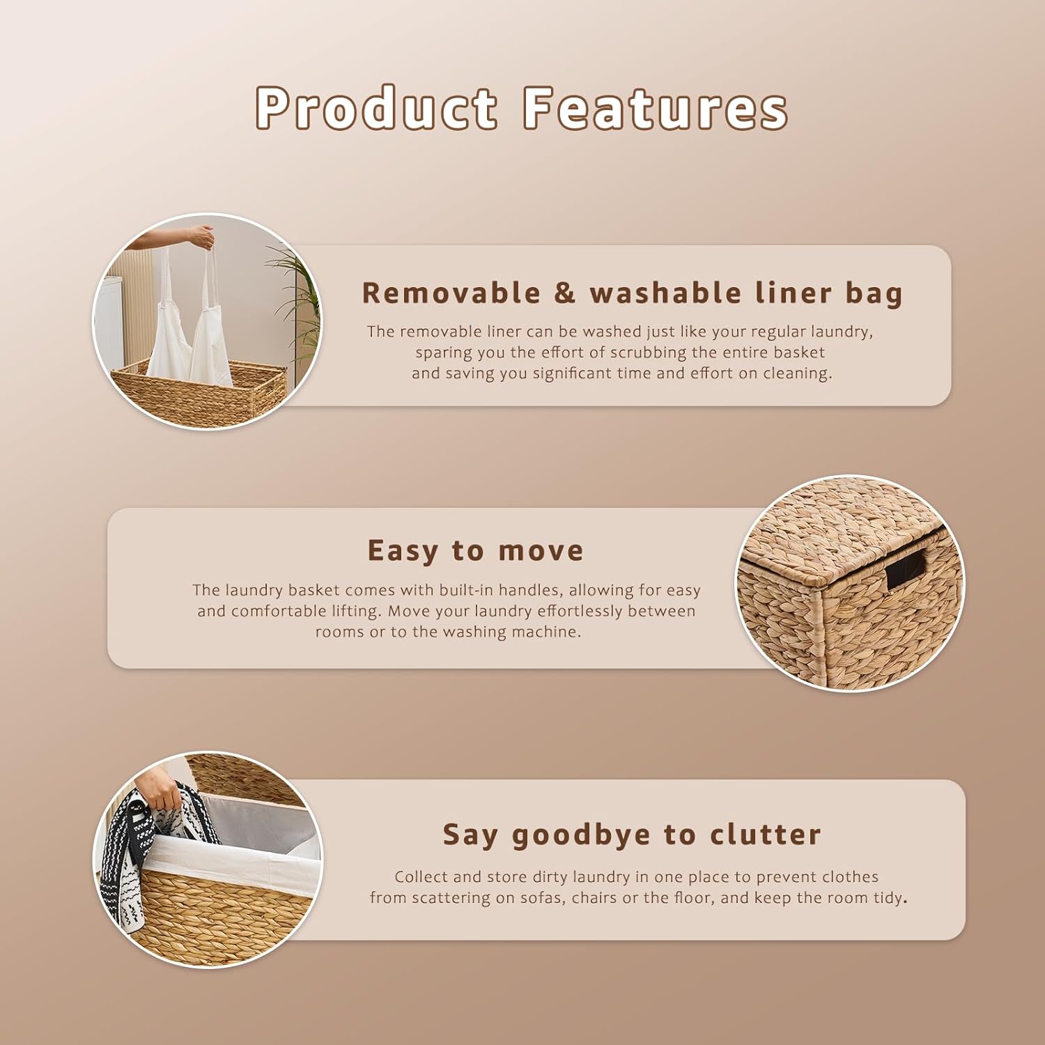 Laundry Hamper with Lid and Removable Liner Bag, Handwoven Natural Hyacinth Clothes Hamper with Heightened Feet, Wicker Laundry Basket for Clothes and Towels，Large, 2-sections