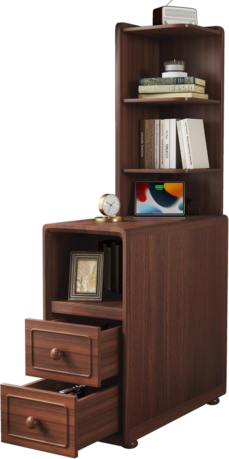 GDFStudio End Table with 2 Drawers & 3 Open Shelves, Corner Side Table wi...