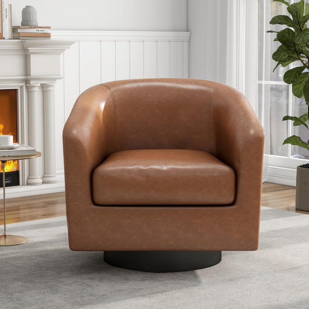Faux Leather Swivel Barrel Accent Chairs Set of 2, Modern Upholstered Armchair Club Chair for Living Room, Round Arm Chair Bedroom Single Sofa Reading Seat - Brown