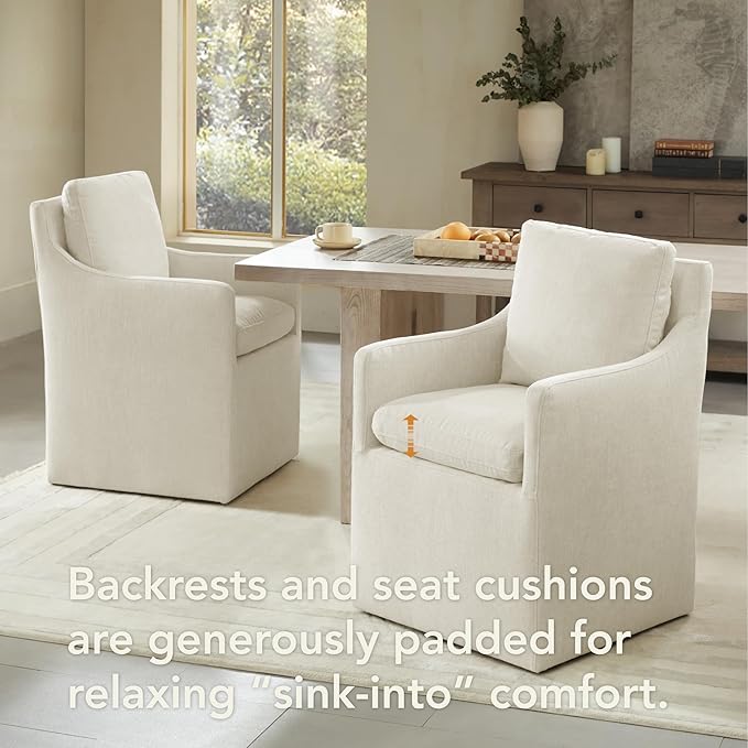 Upholstered Dining Chairs with Casters, No Assembly Modern Accent Armchair with Rollers for Dining Room, Bedroom, Living Room, Reading Room, Already Assembled, Beige, 2 Box