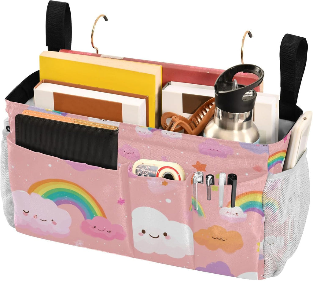 Multicolored Stars Rainbows Bedside Caddy for Dorm Bed Bedside Hanging Caddy Bag Iron Frame Storage Organizer Pocket for Bunk Home College Hospital Beds 2 Hooks