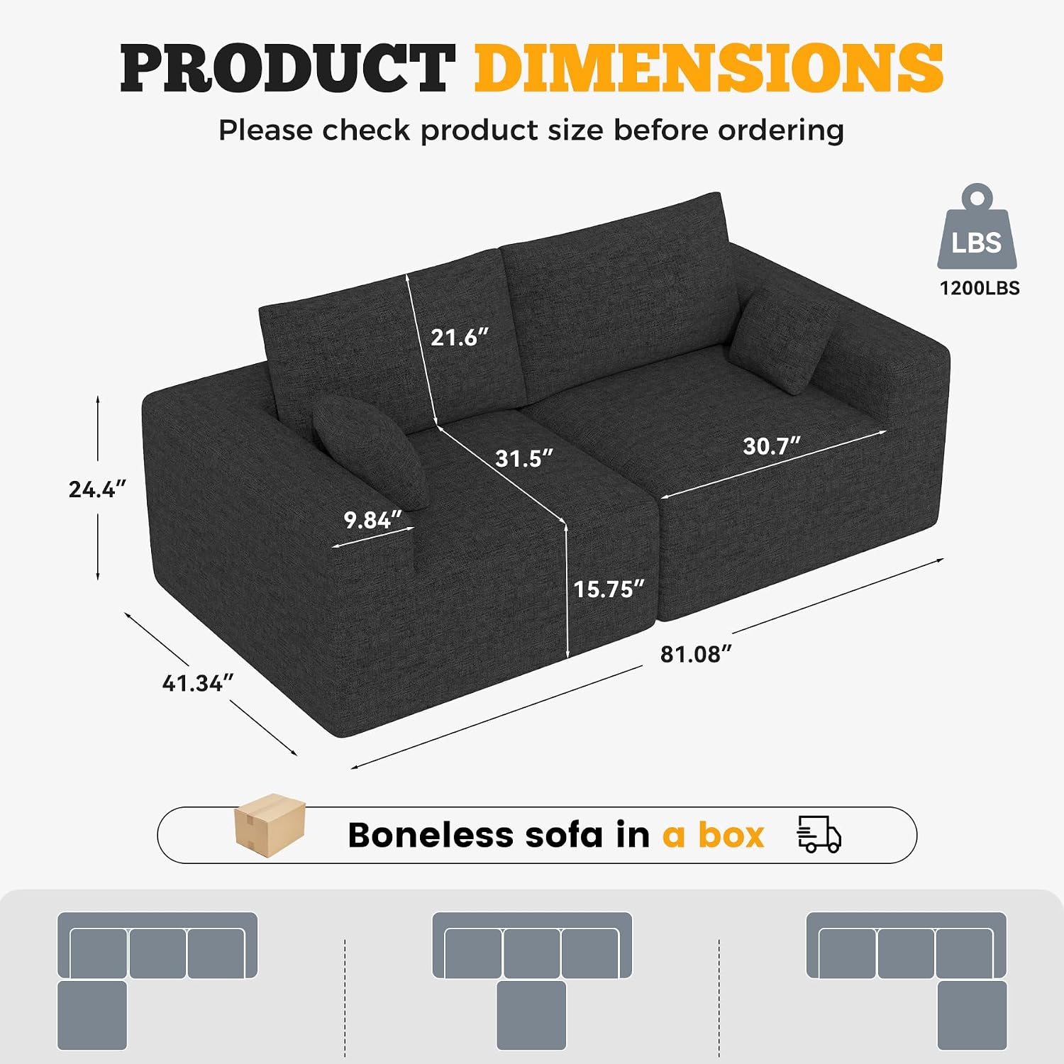 81" Cloud Loveseat Sofa in a Box, No Assembly Required Comfy Deep Seat Chenille Boneless Couch, Modern Small Couches for Living Room, Apartment, Black