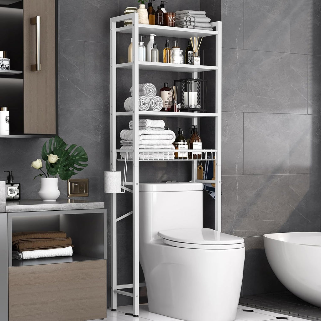 Over-The-Toilet Storage Rack, 4-Tier Bathroom Organizer Shelf Over Toilet with Adjustable Shelf and Basket, Freestanding Space Saver Bathroom Shelves Above Toilet for Room (Pure White)