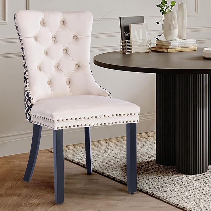 Velvet Upholstered Dining Chairs Set of 4, Modern Style Kitchen Side Chairs with Nailhead Trim and Wood Legs,Metal Pulling Ring for Dining Room Living Room(Quadrangular Star&Beige)
