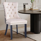 Velvet Upholstered Dining Chairs Set of 4, Modern Style Kitchen Side Chairs with Nailhead Trim and Wood Legs,Metal Pulling Ring for Dining Room Living Room(Quadrangular Star&Beige)