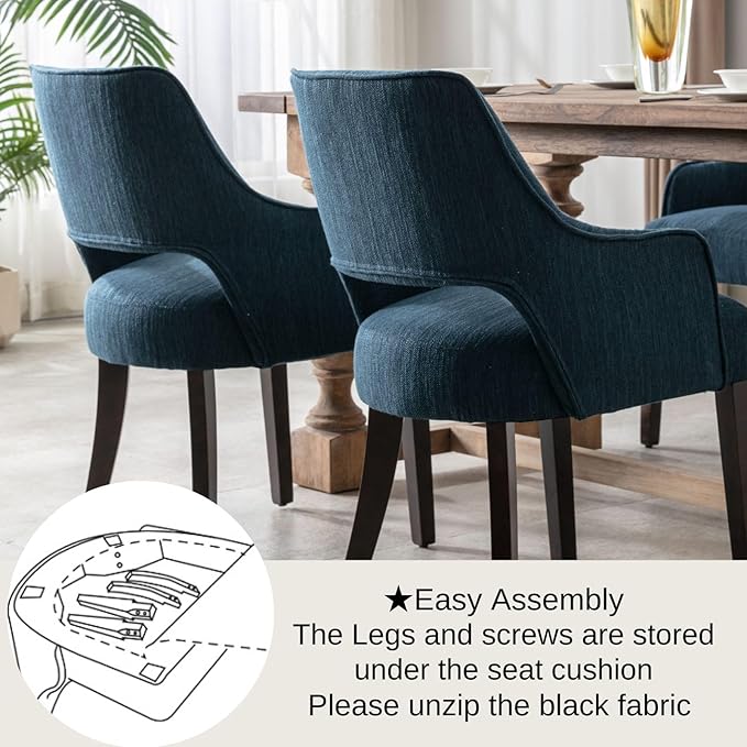 Upholstered Dining Chairs with Arms Set of 6, Linen Fabric Soft Padded Dining Room Chairs, Solid Wood Frame Accent Armchairs for Kitchen, Dining Room & Living Room, Blue