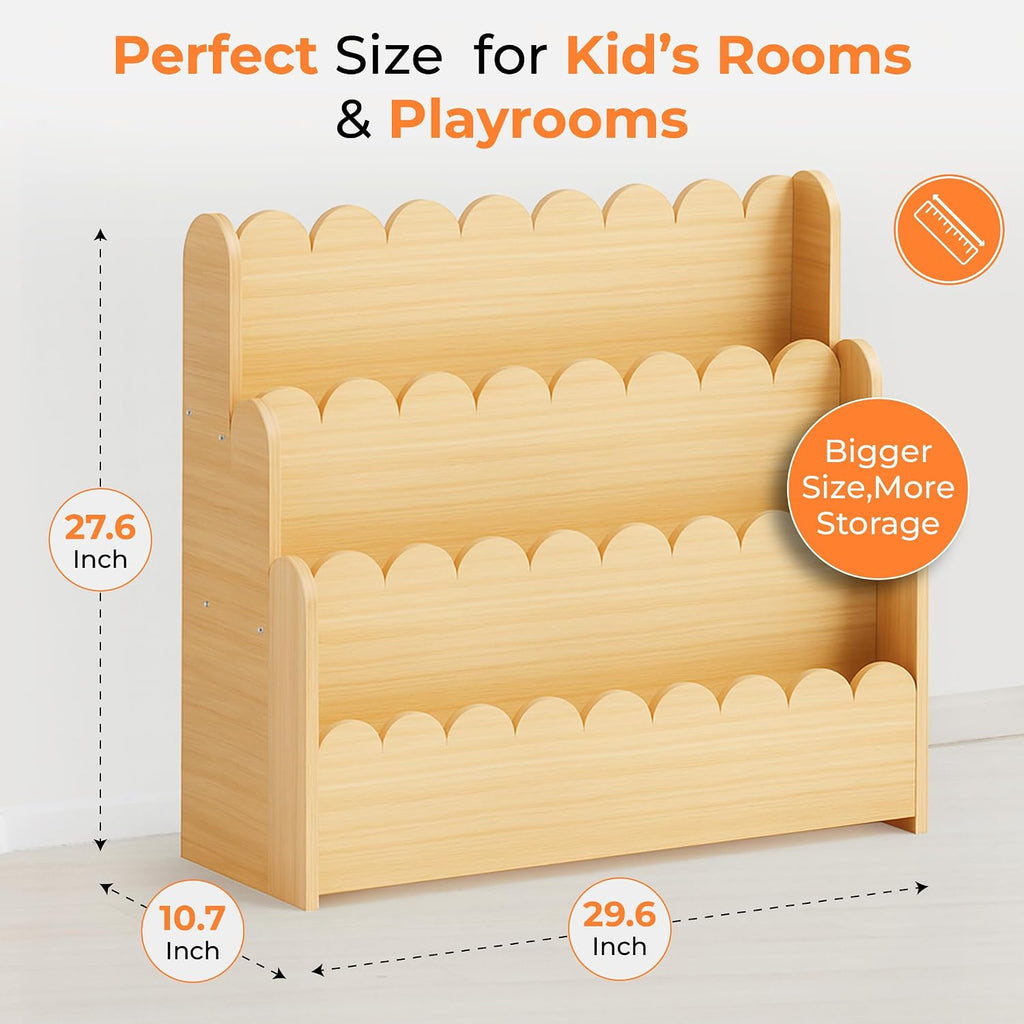 3-Tier Wooden Kids Bookshelf, Montessori Scalloped Bookcase Toddler Front Facing Book Display for Nursery, Baby Bookshelf Organizer for Kids Rooms, Playroom or Classroom