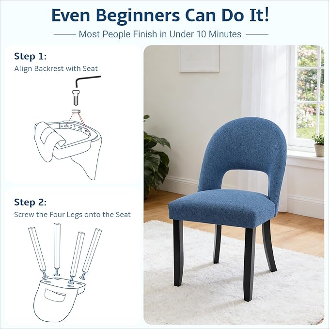 Upholstered Dining Chairs Set of 4, Mid Century Modern Dining Kitchen Chairs with Solid Wood Legs & Fabric Backret for Kitchen and Dining Rome, Blue