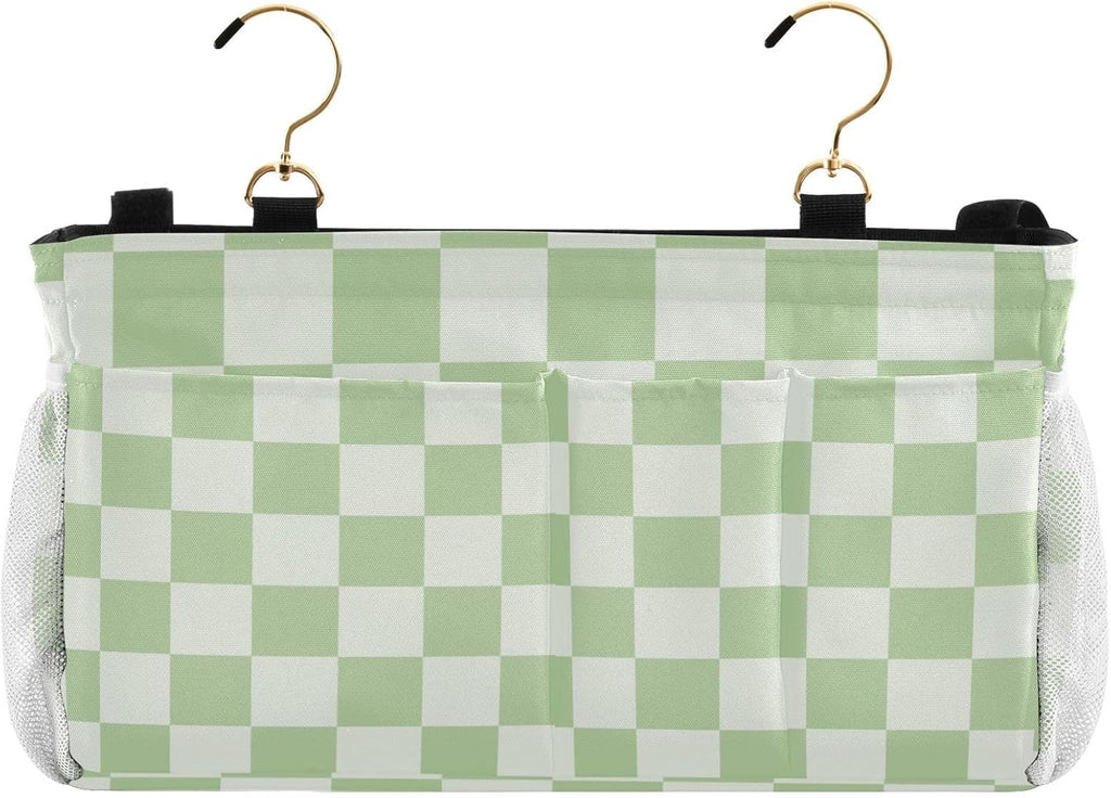 Checkered Mint Green and White Bedside Caddy for Dorm Bed Bedside Hanging Caddy Bag Iron Frame Storage Organizer Pocket for Bunk Home College Hospital Beds 2 Hooks