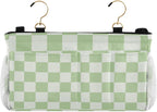 Checkered Mint Green and White Bedside Caddy for Dorm Bed Bedside Hanging Caddy Bag Iron Frame Storage Organizer Pocket for Bunk Home College Hospital Beds 2 Hooks