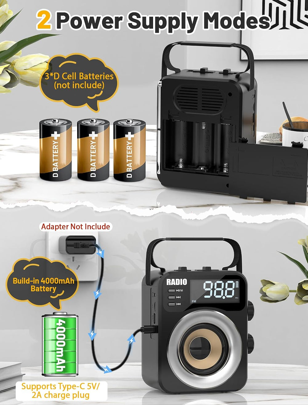 Portable AM/FM/WB/SW Radio, 4000mAh Rechargeable & 3×D Cell Battery Powered