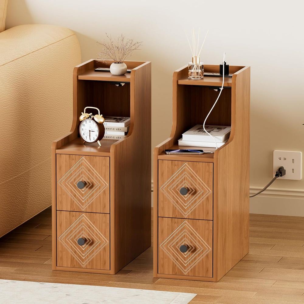Narrow End Table Set of 2 with Charging Station, Walnut Skinny Bedside Tables...