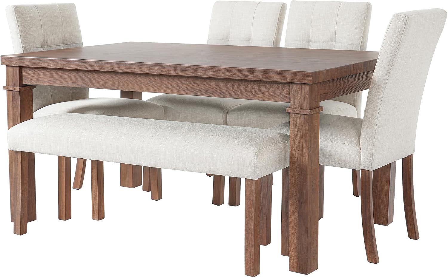 Merax 6-Piece Dining Set, Rectangle Kitchen Table with 4 Upholstered Chairs & Bench, Ideal for Dining Room and Living Room, Walnut