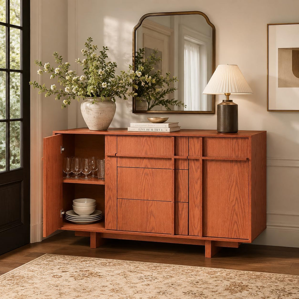 47.2" Buffet Cabinet with Storage, Skeleton Line Design, Cherry