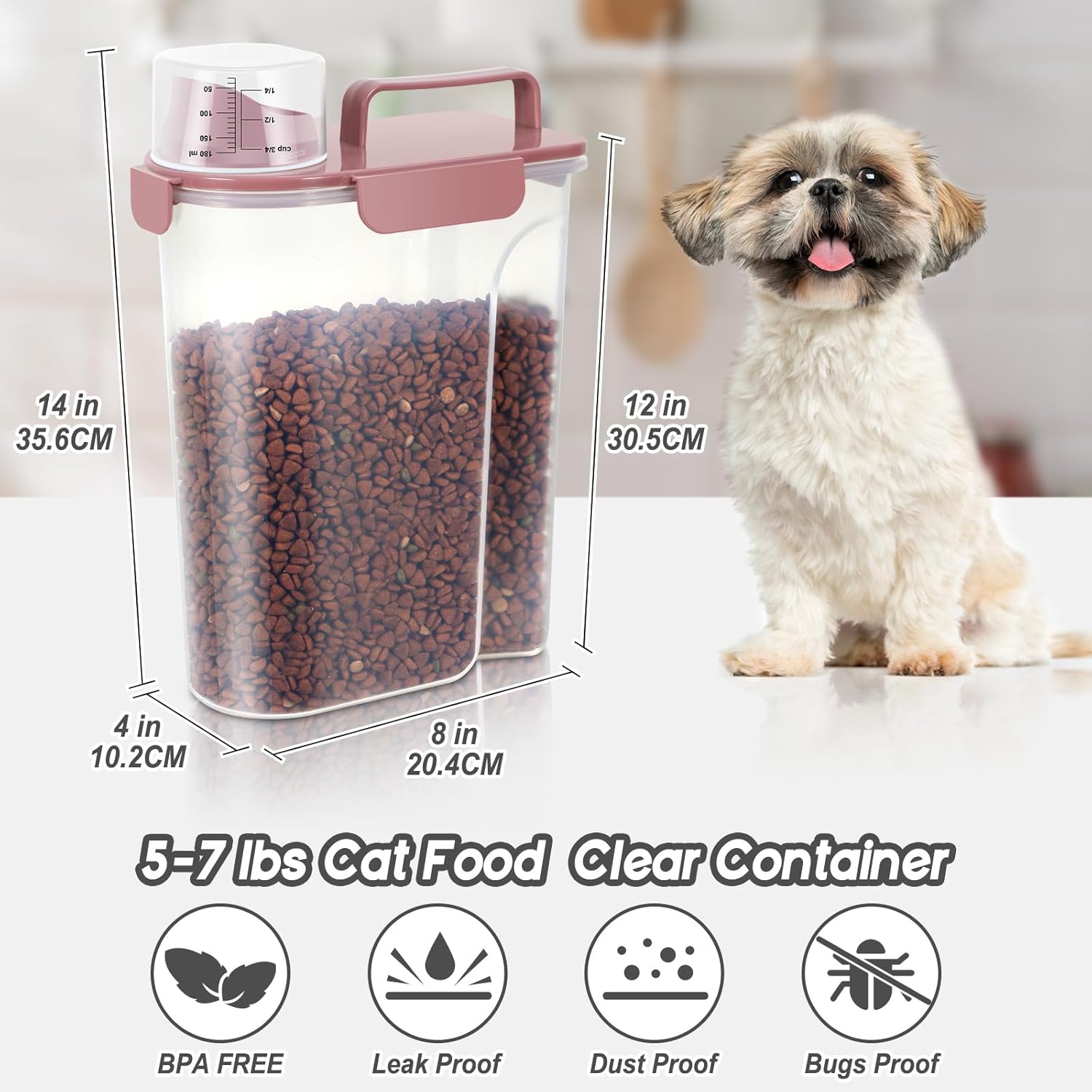 5-7Lbs Cat Dog Storage Container, Portable Pet Food Containers with Upgraded Large Spout and Cup, Small Animal Kibble Dispenser for Bird Seed, Oatmeal, Rice, Flour (2, Pink+Lake Blue, 5L)