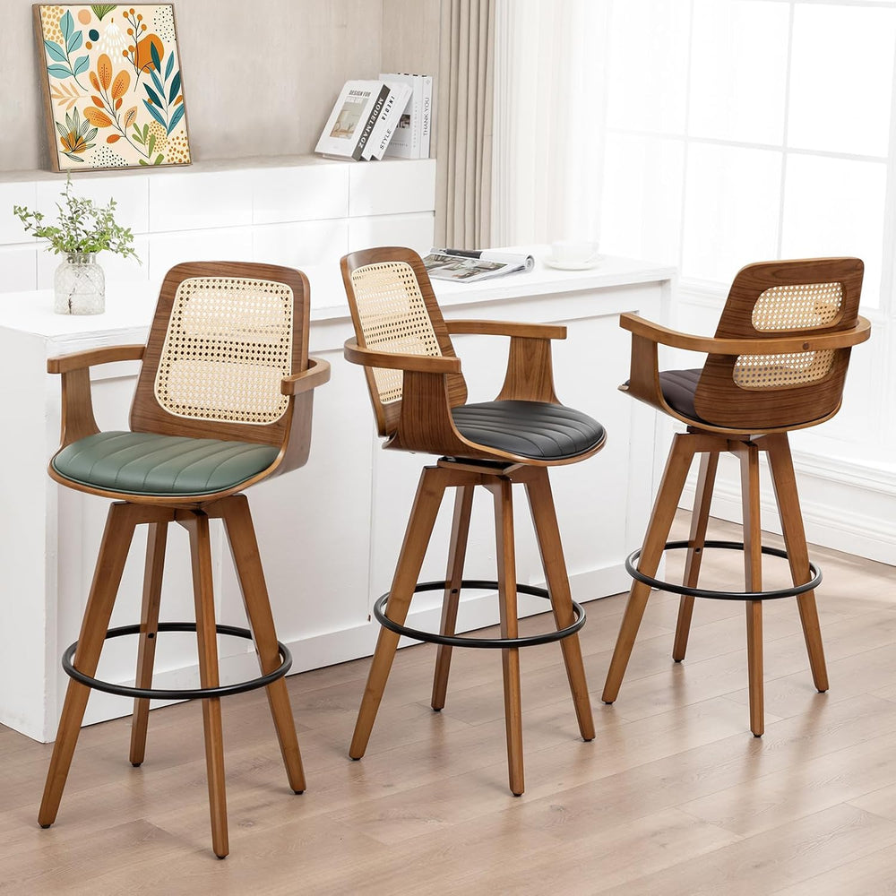 Mid Century Bar Stools, Rattan Bar Height Barstools with Curved Cane Back