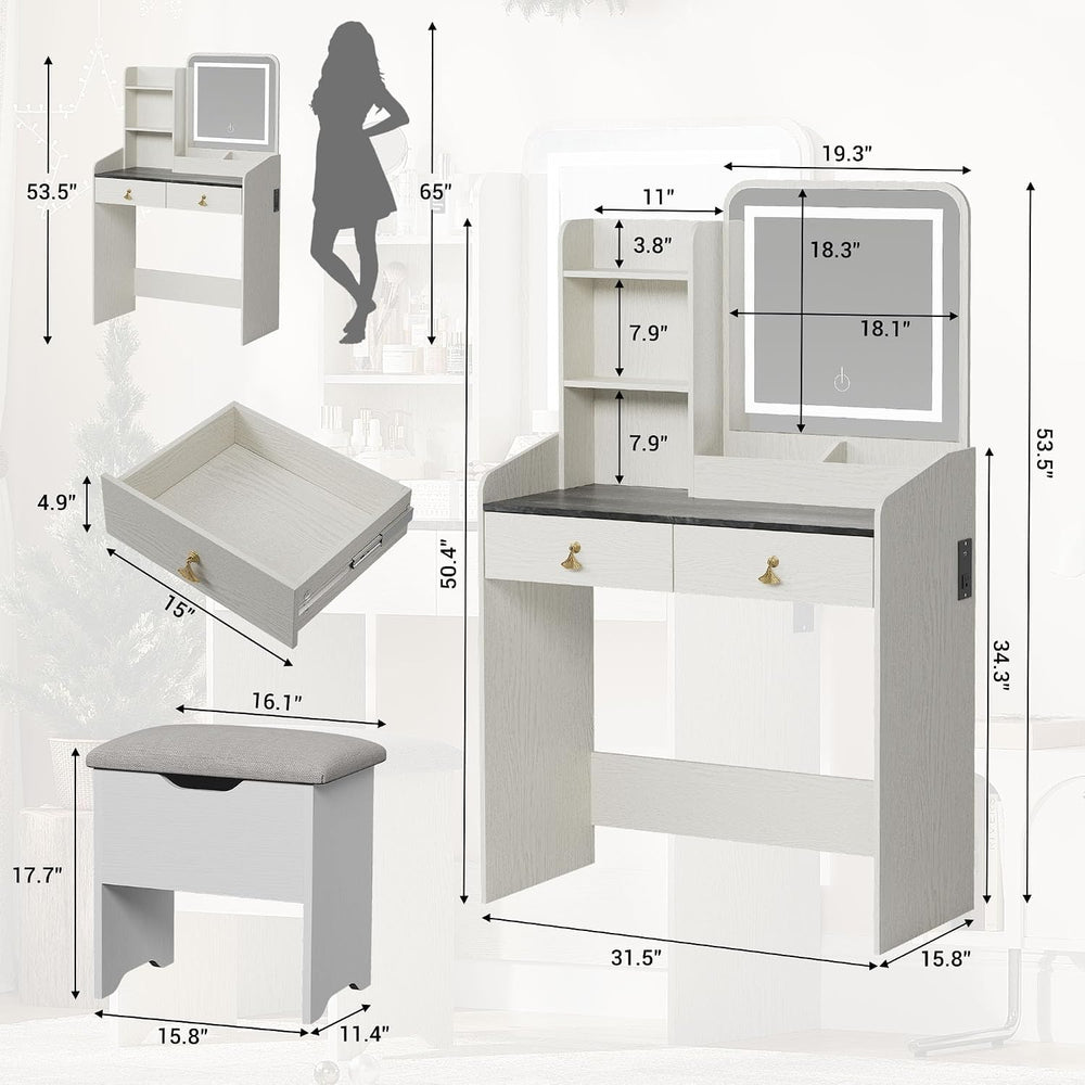 GarveeHome Vanity Desk with LED Light Mirror and Charging Station, Small Make...
