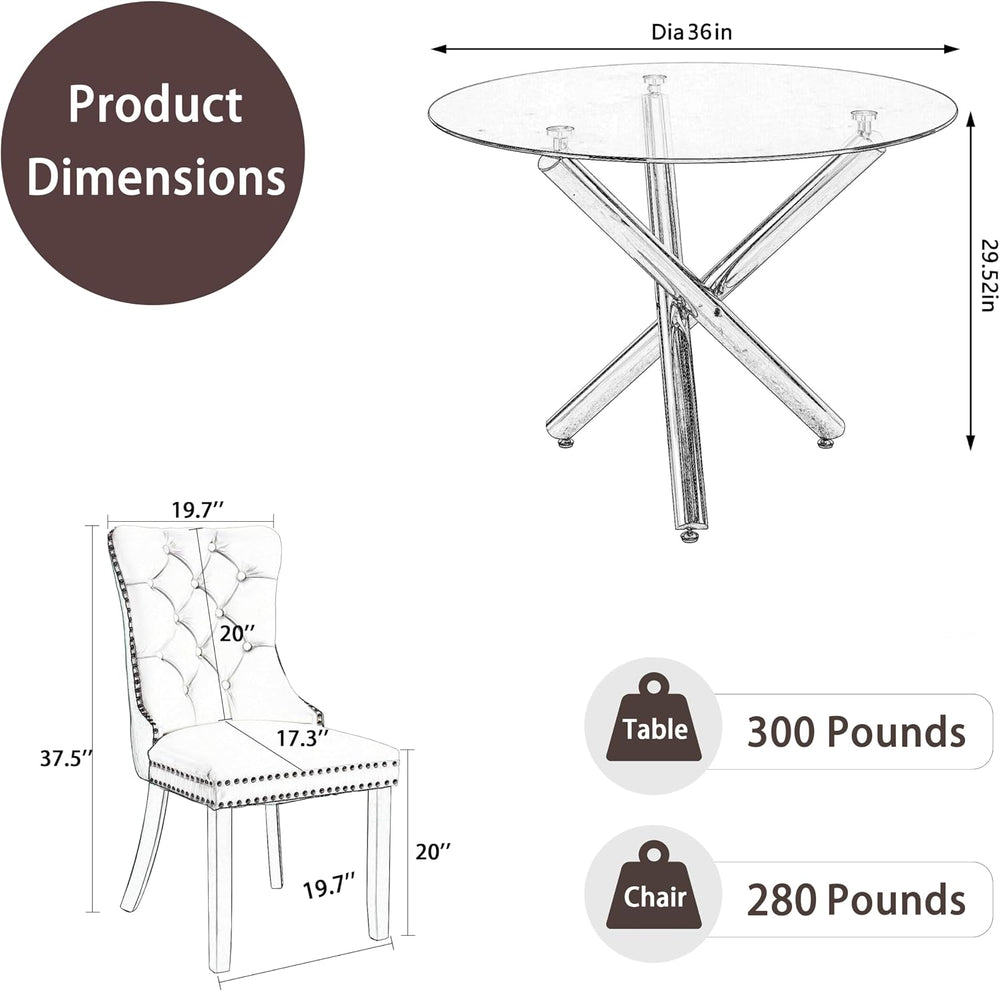 Modern Gold Round Glass Dining Table Set for 4, 36'' Luxury Minimalis...