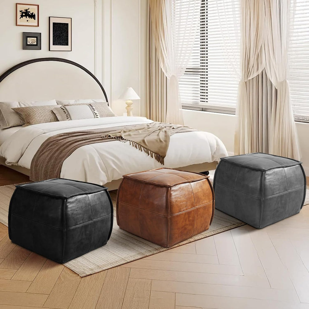 Leather Ottoman,Handmade Stuffed Square Ottoman,Genuine Leather Pouf, Foot Re...