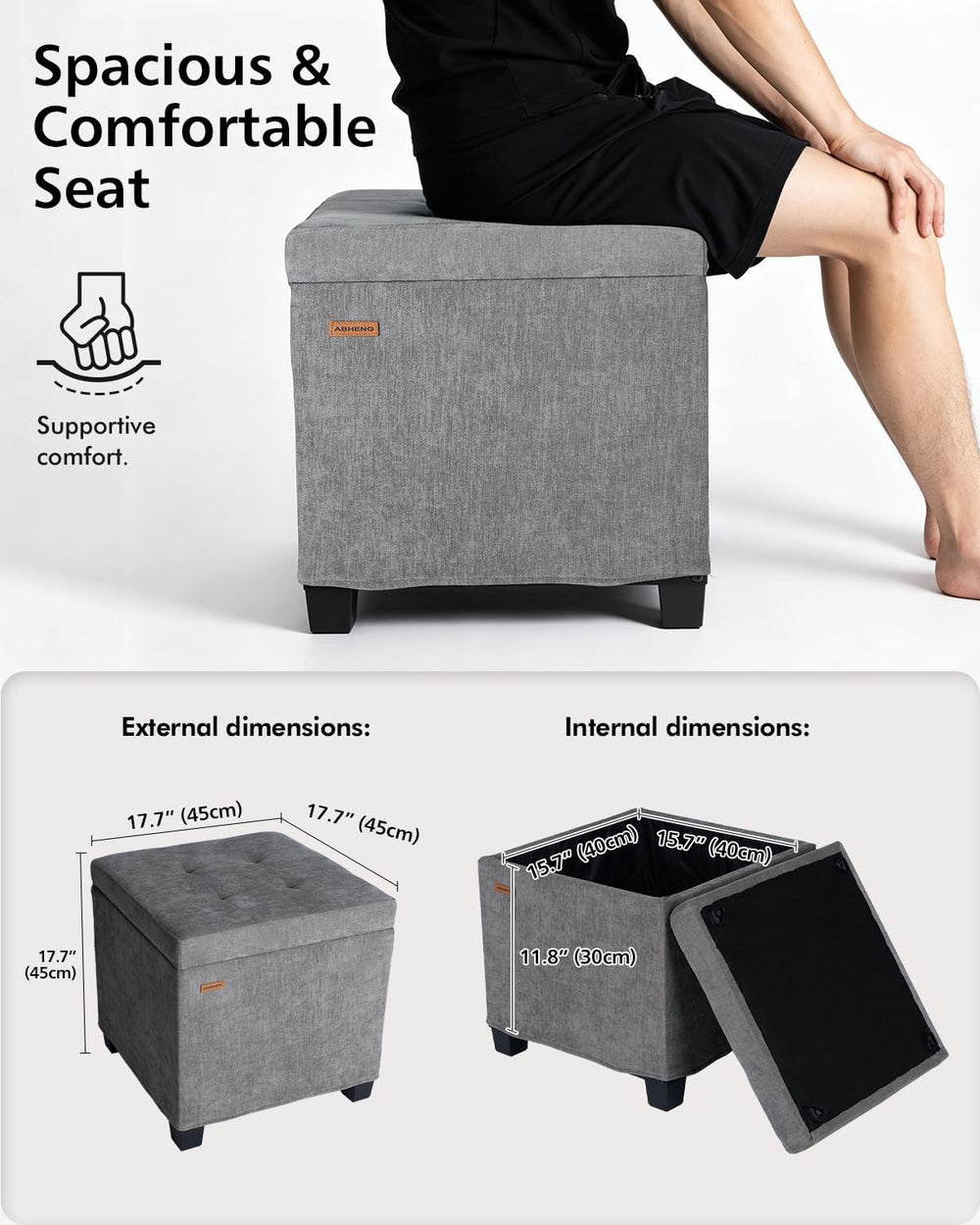 ABHENG Steel Frame Square Ottoman with Storage Gray UASND641G | 17.7" x ...