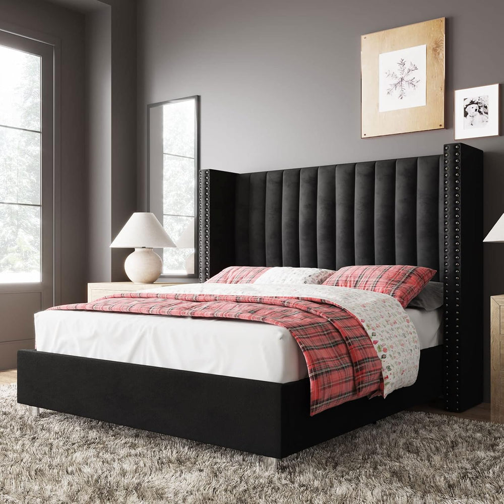Jocisland Queen Size Bed Frame Velvet Upholstered Wingback Headboard, Black