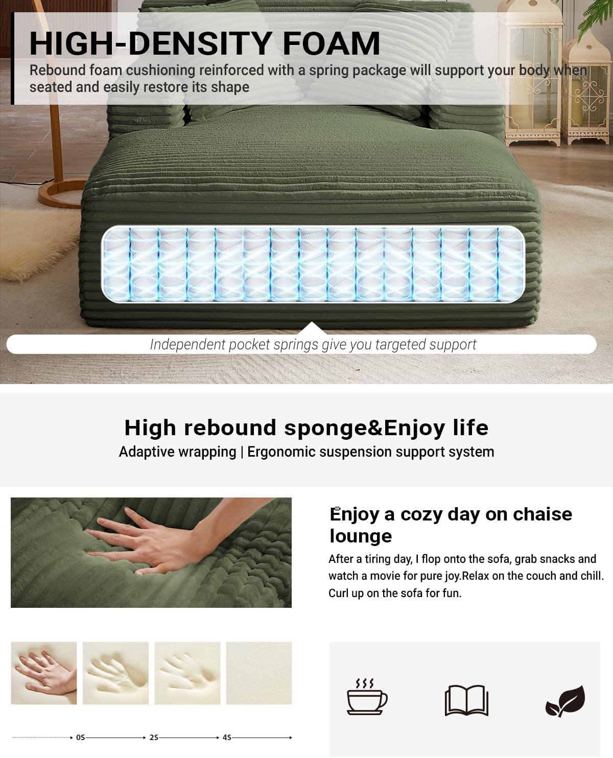 67 Inch Chaise Lounge Chair Indoor, Oversized Corduroy Upholstered Boneless Sofa Bed, Deep Seat Sleeper Couch Reading Chairs, Cloud Sofas Couches for Living Room, No Assembly Required (Olive Green)