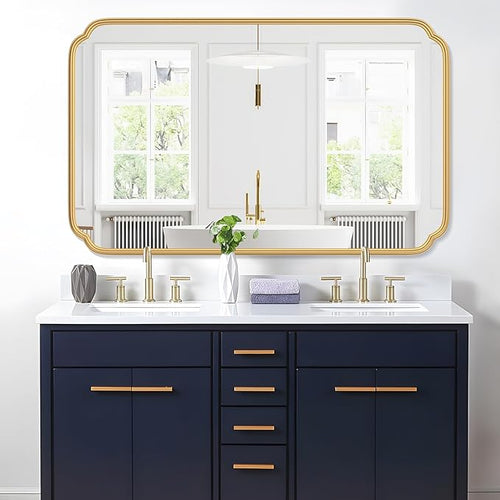 30"x48" Gold Bathroom Mirror for Wall, Large Brass Gold Bathroom Vanity Mirror for Over Sink, Rounded Rectangle Mirror in Premium Iron Metal Frame Hangs Horizontal Or Vertical