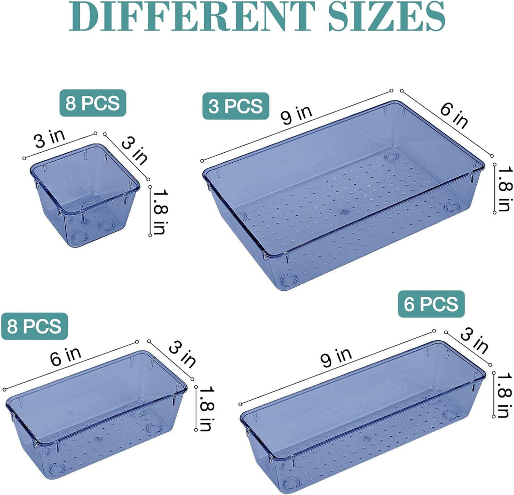 25 PCS Drawer Organizer Set, 5 Varied Size Bathroom and kitchen Drawer cabinet organizer Trays, Clear Storage Bins for Makeup, Jewelry, Utensils and Gadgets, Dark Blue