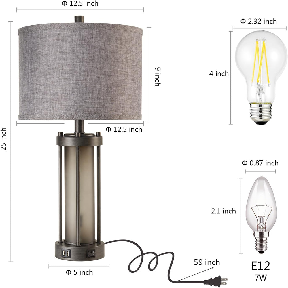 RORIA Set of 2 Rustic Table Lamps for Living Room with 2 USB Ports