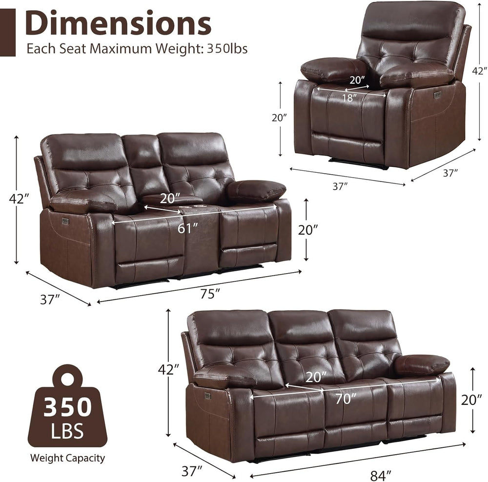 CANMOV Genuine Leather Power Reclining Sofa Set,Living Room Furniture Sofa Se...