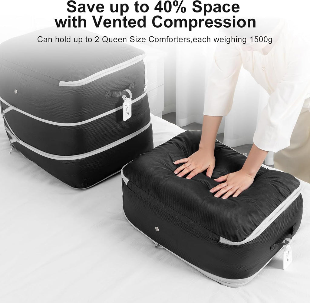 Comforter Storage Bag - Large Capacity Blanket Storage Bags 3-Layer Ultra Space Saving Self Compression Organizer, Washable Compression Bags for Storage Comforter Blanket, 6-Pack, Black