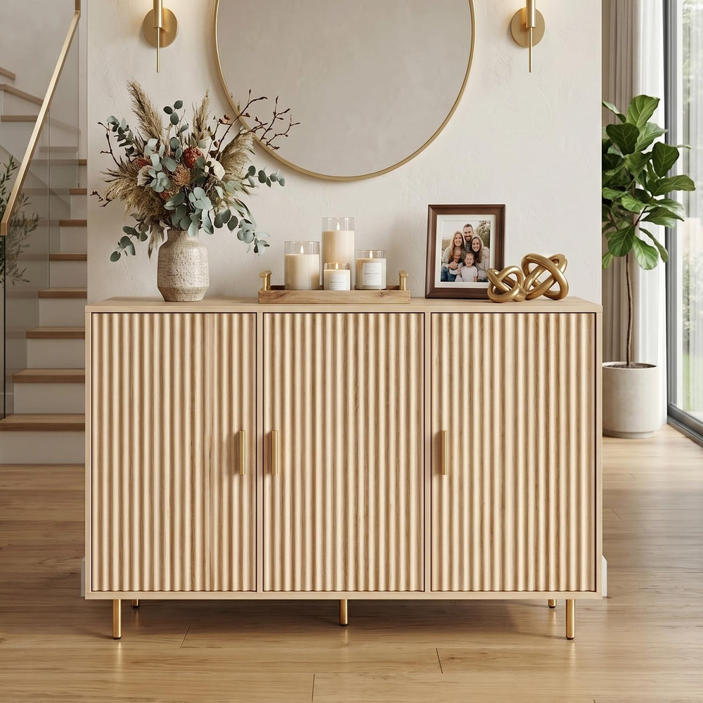 DIYART Oak Sideboard Buffet Cabinet, Accent Coffee Bar Cabinet with 3 Doors, ...