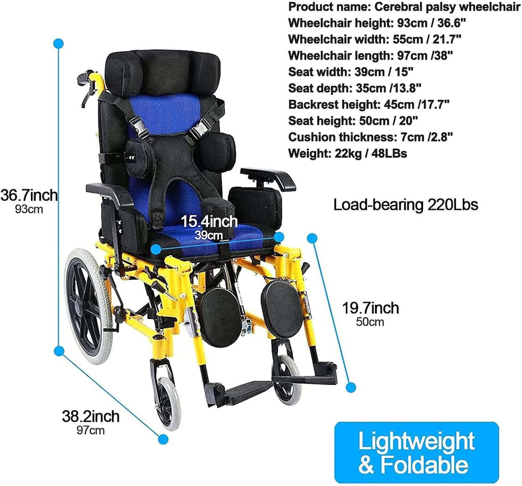 Kids Lightweight Folding Reclining Wheelchair with Adjustable Headrest - Full Lying Ergonomic Design Child Wheelchair, Armrest Height Adjustment, Sitting Position Control - Cerebral Palsy Wheelchair