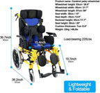 Kids Lightweight Folding Reclining Wheelchair with Adjustable Headrest - Full Lying Ergonomic Design Child Wheelchair, Armrest Height Adjustment, Sitting Position Control - Cerebral Palsy Wheelchair