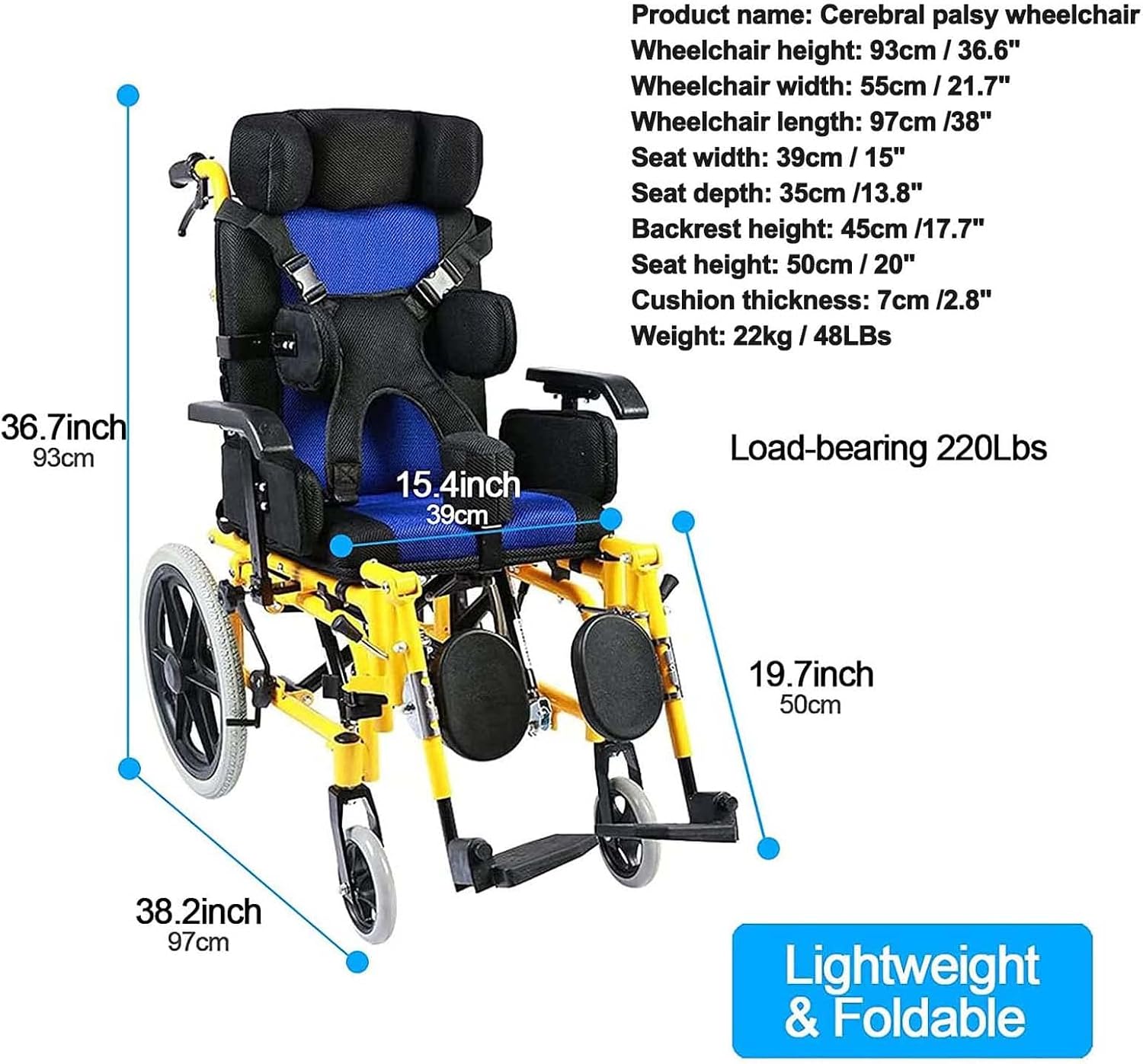 Kids Lightweight Folding Reclining Wheelchair with Adjustable Headrest - Full Lying Ergonomic Design Child Wheelchair, Armrest Height Adjustment, Sitting Position Control - Cerebral Palsy Wheelchair