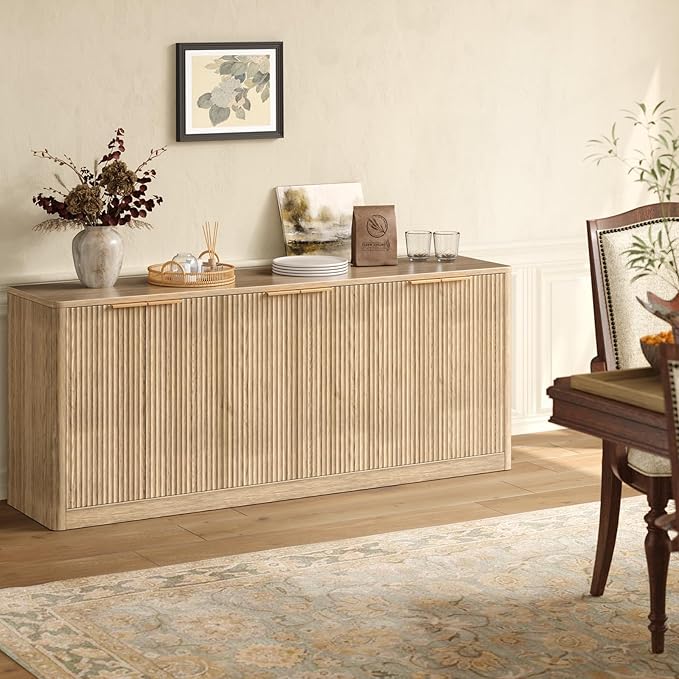 Evermagin 67" Oak Fluted TV Stand for TVs up tp 75", Mid-Century Mo...