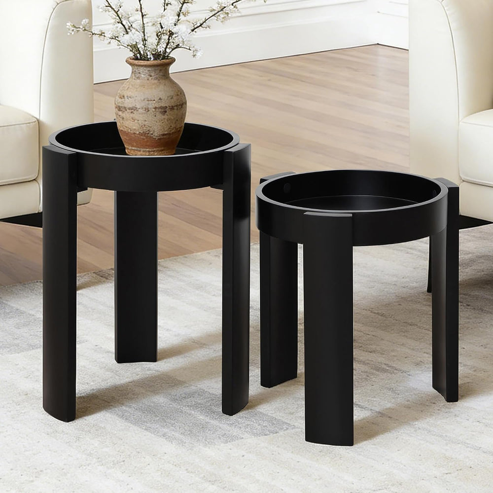 LuxenHome Set of 2 Black Nesting Tables, Space Saving Modern Round Side Table...