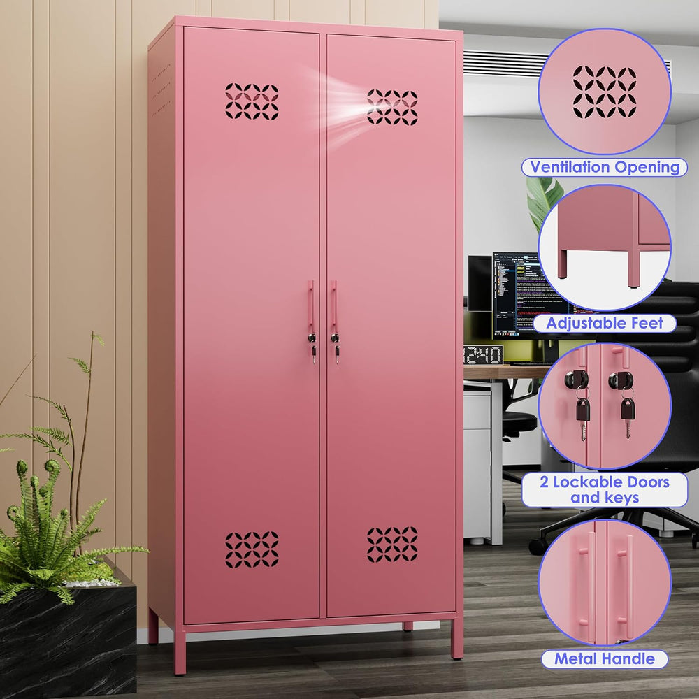 METAN Pink Metal Wardrobe Cabinet with Lock, 20-Inch Deep, 2 Doors | 71"...