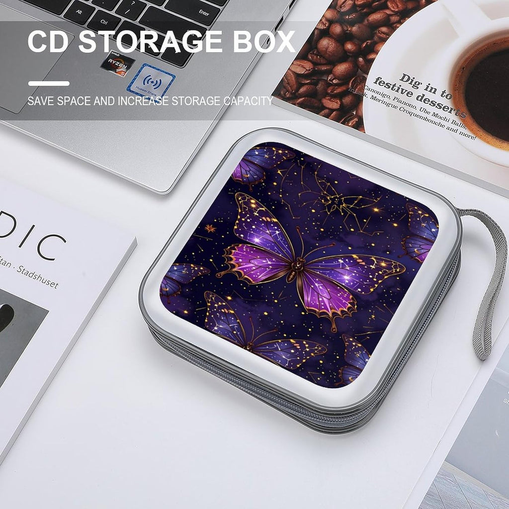 Butterfly Purple CD DVD Case Holder, 40 Disc Storage Wallet with Exclusive Printed Design, Zipper Closure And Handle for Music Movies Games Travel Car